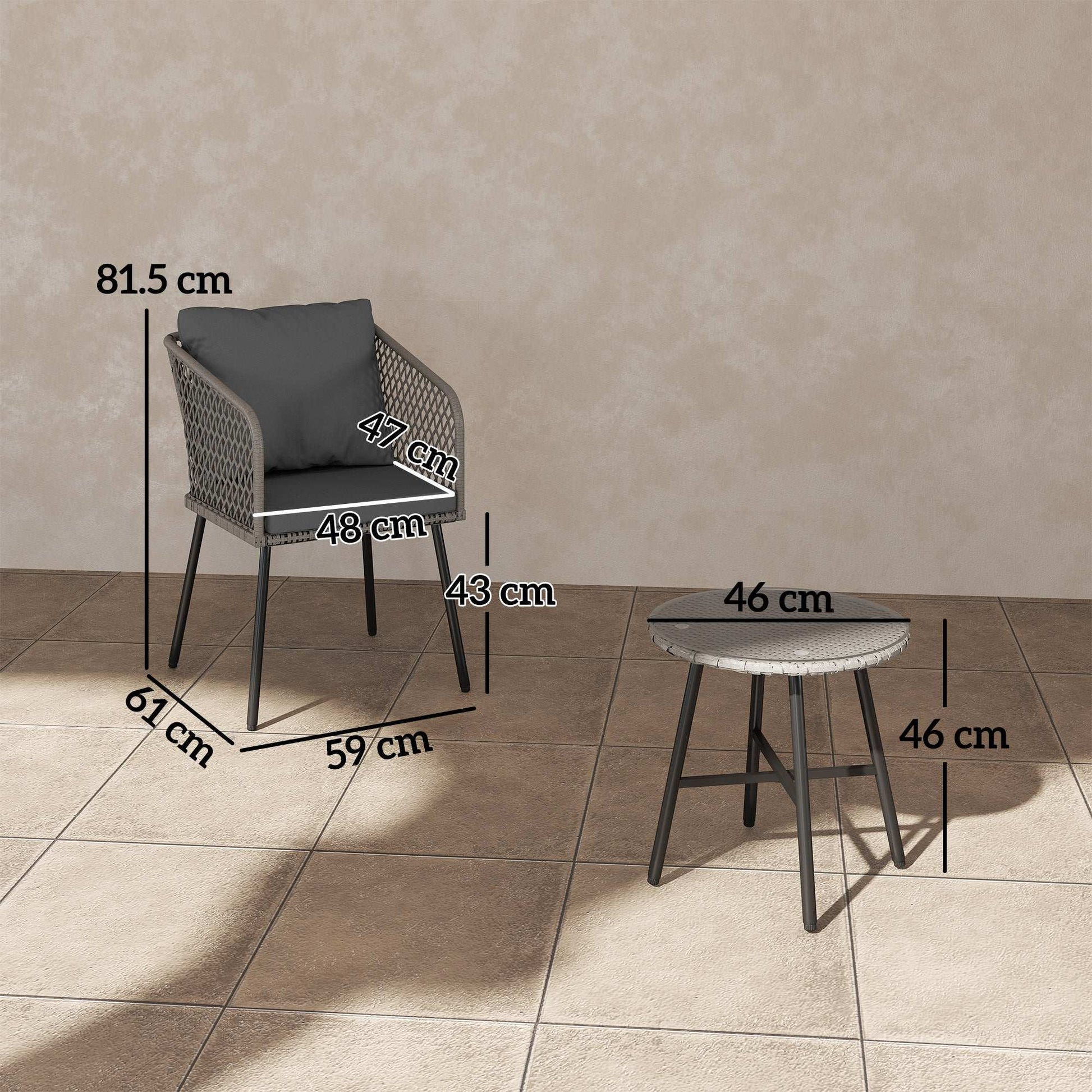 Outsunny 3 Piece Rattan Bistro Set with 2 Chairs, Tempered Glass Table, Cushions, Adjustable Foot Pads for Garden, Balcony, Grey
