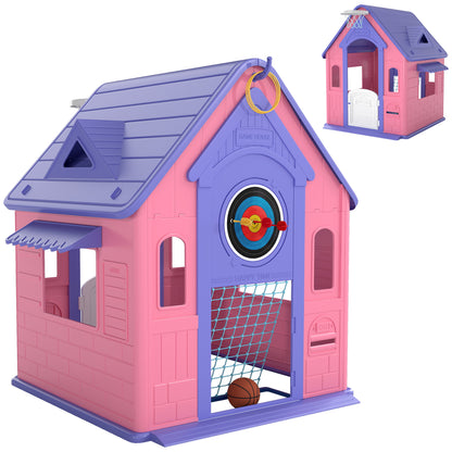 AIYAPLAY 5-in-1 Playhouse for Kids Outdoor Indoor with Basketball Hoop, Football Goal, Dartboard, Ring Toss for 2-5 Years, Beige / Pink