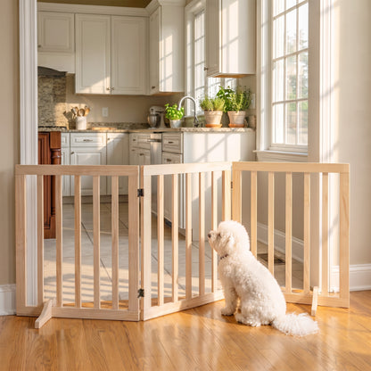 3-Panel Freestanding Wooden Dog Gate | Adjusts 30–140cm | 360° Hinges | Solid Pine Wood | No Drill | Support Feet | 47mm Bar Gap | Small Dogs Under 10kg | Natural Wood Finish | 150x36x61cm | No Assembly