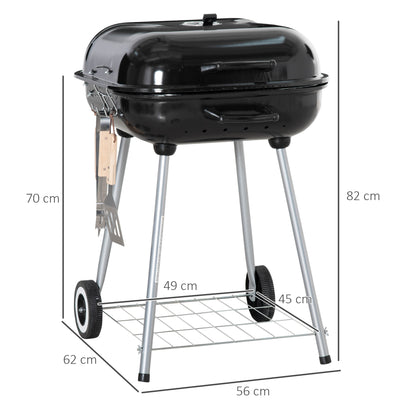 Outsunny Portable BBQ Charcoal Grill with 2 Wheels and Cooking Utensils, Smoker Grill with Lid for Outdoor Barbecues, Camping, Picnic