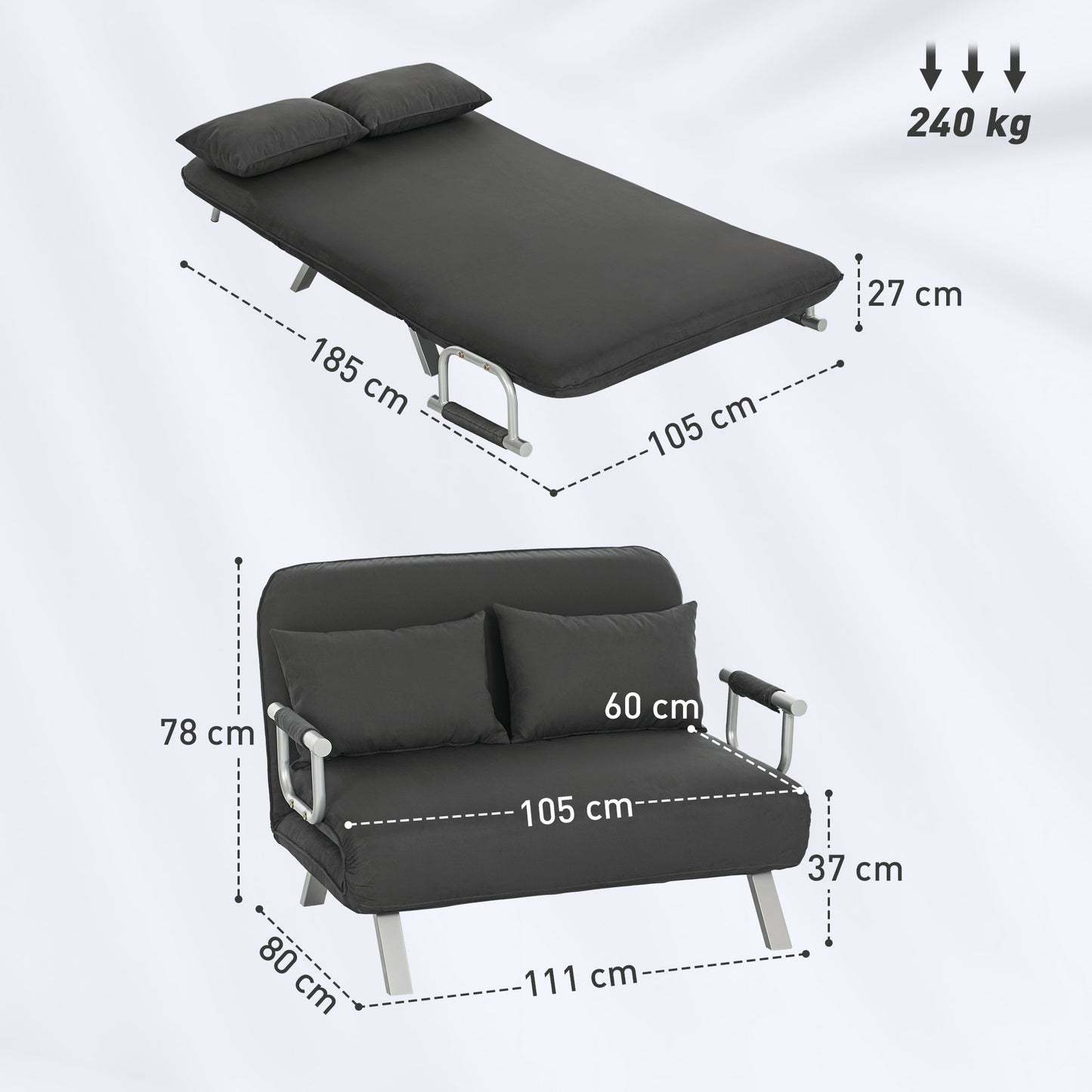 Two-Seater Click-Clack Sofa Bed  - Charcoal Grey