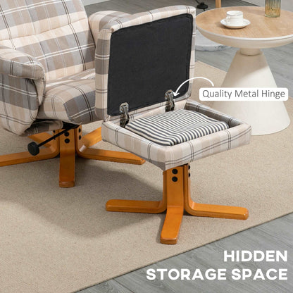 Linen Swivel Recliner Chair with Footstool, Wooden Base and Storage for Living Room, Multicolour