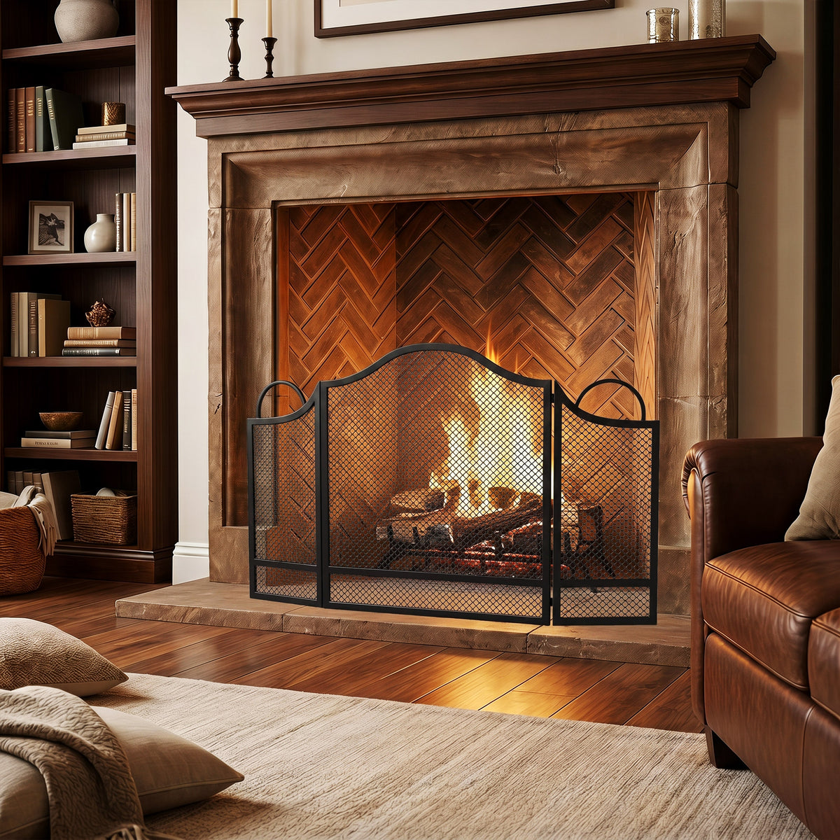 3-Panel Folding Fireplace Screen | Floral Design | Powder-Coated Metal | Spark Guard | Hearth Protection | Adjustable | Folds to 67x2x74cm | Open 122x1x74cm | Side Panels 27x64cm | Black