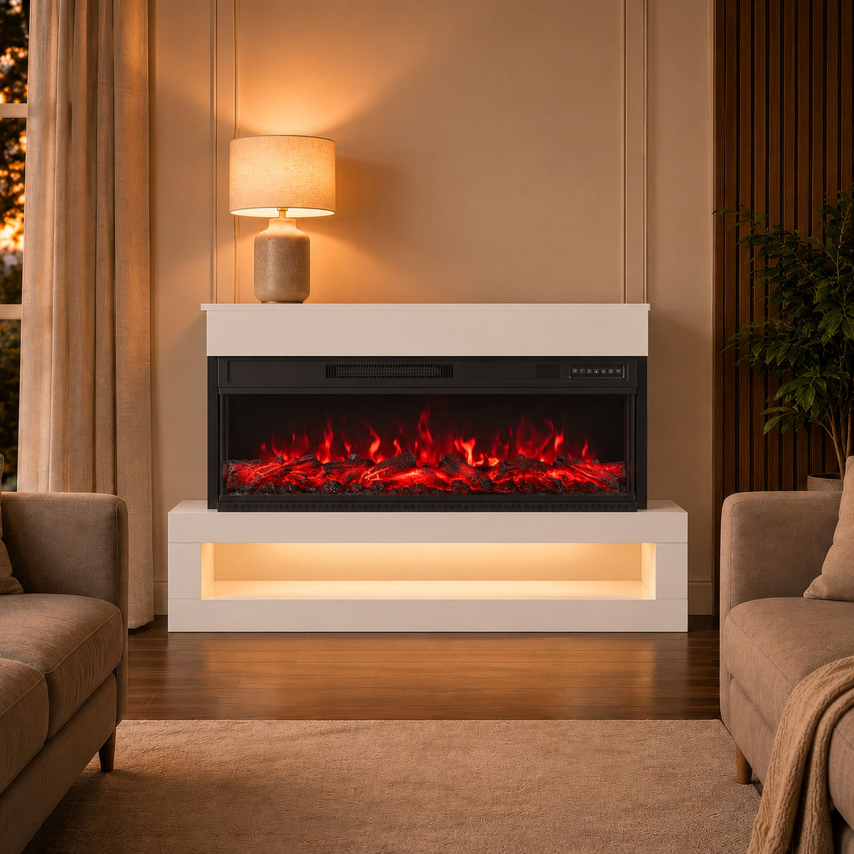 110cm Three-Sided Electric Fireplace Suite | 900/1800W, 12 Flame Colours & LED Shelf | Wall Mounted or Freestanding, Remote & Timer | White