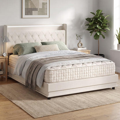 5ft King Ottoman Bed Frame | Cream Linen-Look Fabric | 214x157x113cm | Hydraulic Lift Storage 150x200x20cm | RGB LED Lights | USB-A & USB-C Charging | 300kg | EVA Noise Strips