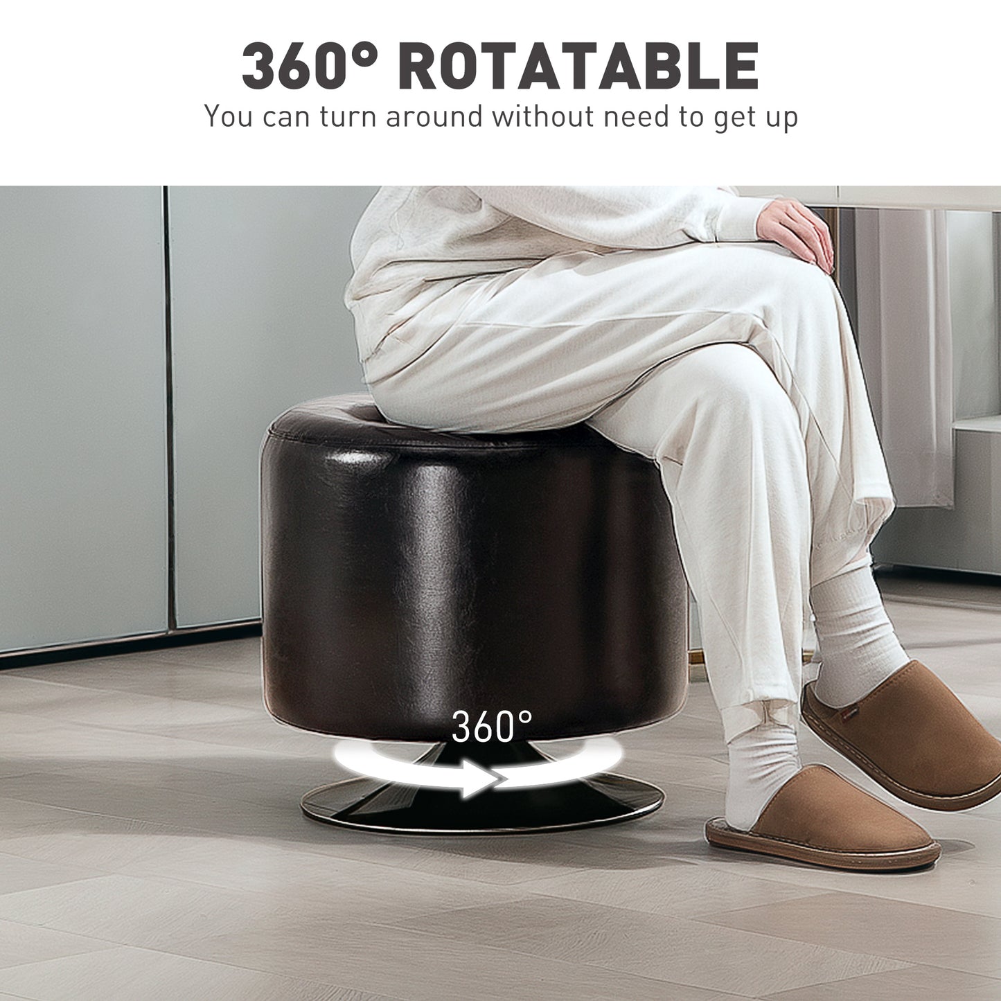Retro Vintage Style 360° Swivel Foot Stool Round PU Footstool with Thick Sponge Padding and Solid Steel Base, Brown