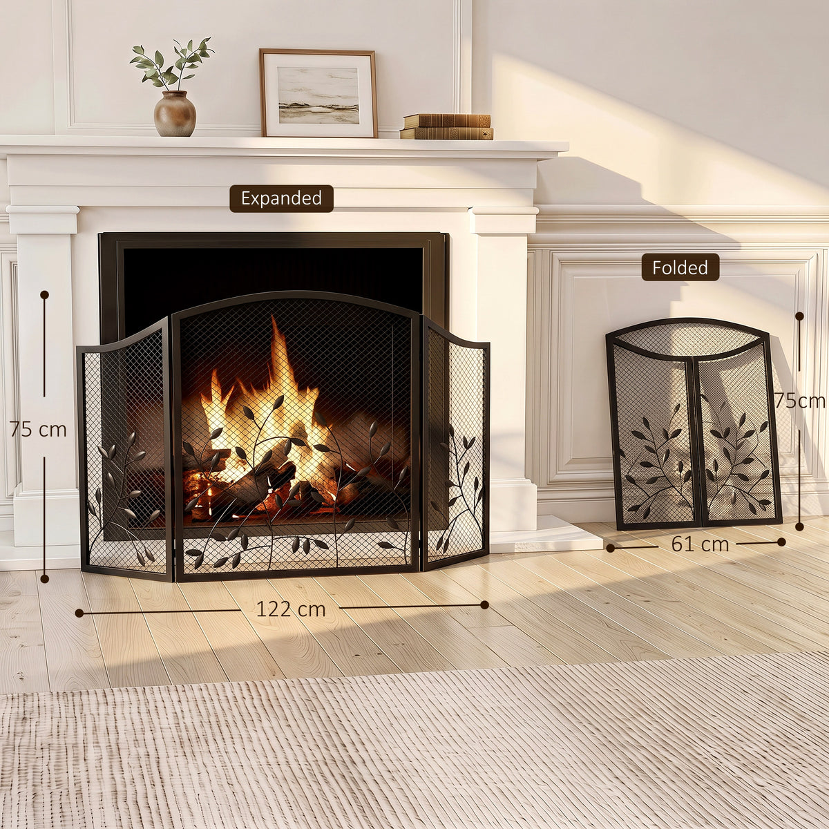 3-Panel Folding Fireplace Screen | Powder-Coated Metal | Spark Guard | 122x75cm Open | Folds to 61cm | Adjustable Layout | No Assembly | Black