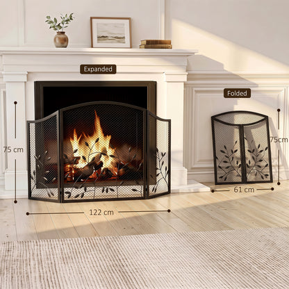 3-Panel Folding Fireplace Screen | Powder-Coated Metal | Spark Guard | 122x75cm Open | Folds to 61cm | Adjustable Layout | No Assembly | Black