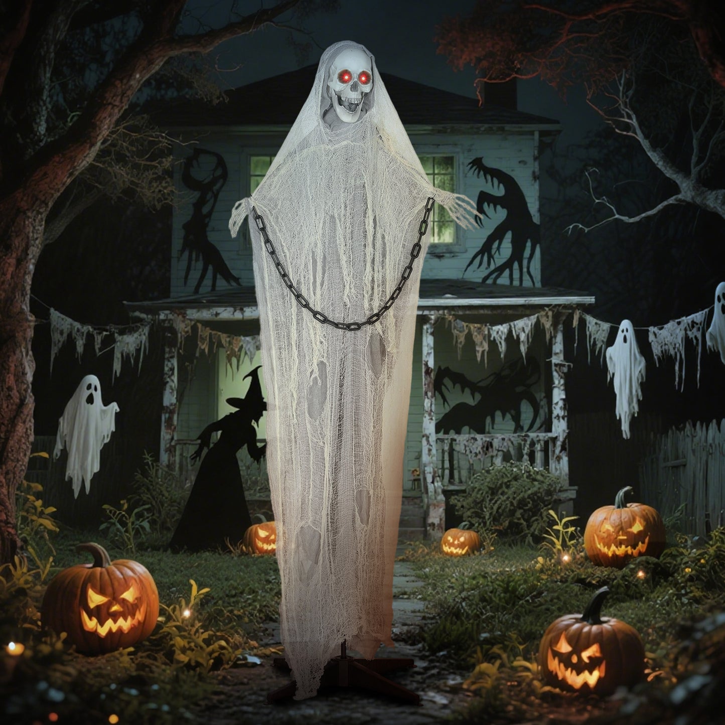 183 cm Life Size Halloween Animated Skeleton Grim Reaper with Glowing LED Eyes, Scary Halloween Decorations, Battery Operated, Indoor Party Props