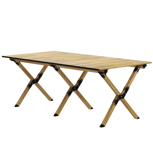 Outsunny Portable Camping Table, Aluminium Folding Table with Roll-Up Top, Picnic Table for Indoor, Outdoor, Party, BBQ, Beach, Natural Wood Effect