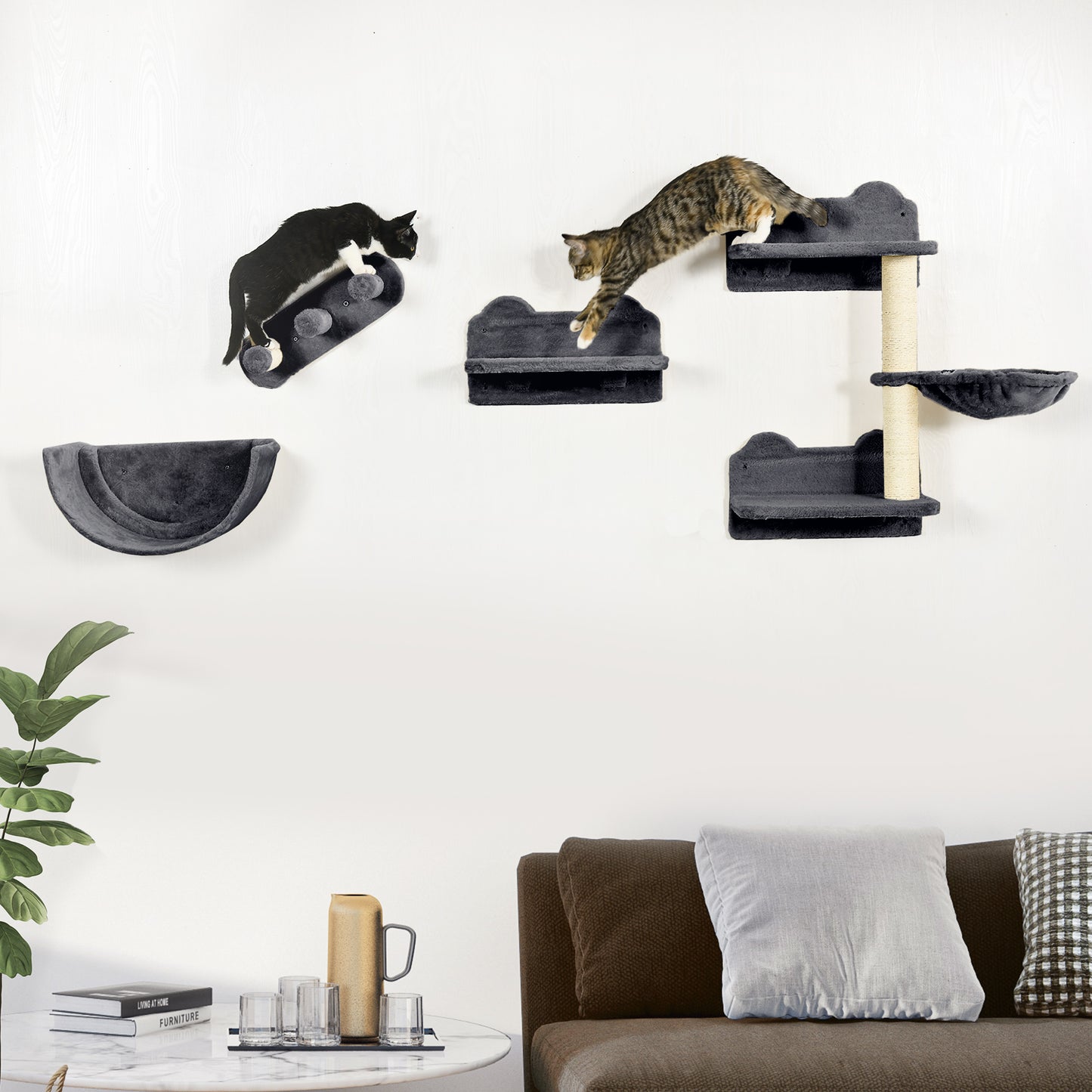 PawHut 4 Piece Wall-Mounted Cat Shelves w/ Scratching Post, Hammock, Nest - Dark Grey