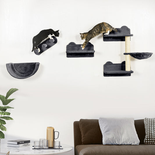PawHut 4 Piece Wall-Mounted Cat Shelves w/ Scratching Post, Hammock, Nest - Dark Grey