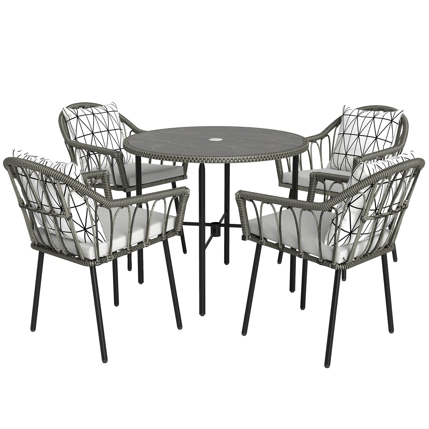 5 Piece Patio Rattan Dining Set, Wicker Garden Table and Chairs w/ Removable Seat & Back Cushions, Round Tempered Glass Tabletop, Parasol Hole, Grey