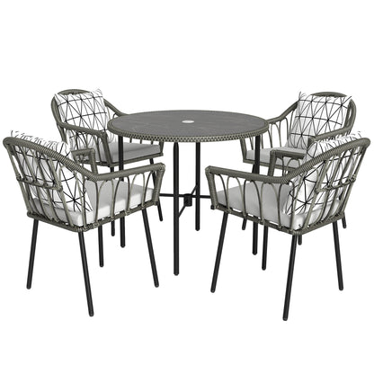 5 Piece Patio Rattan Dining Set, Wicker Garden Table and Chairs w/ Removable Seat & Back Cushions, Round Tempered Glass Tabletop, Parasol Hole, Grey
