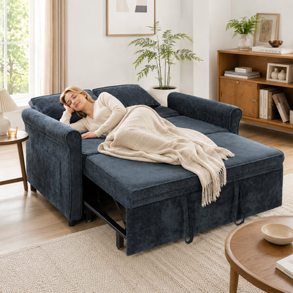 2 Seater Sofa Bed | Dark Blue Chenille Convertible Sleeper with 5-Position Backrest