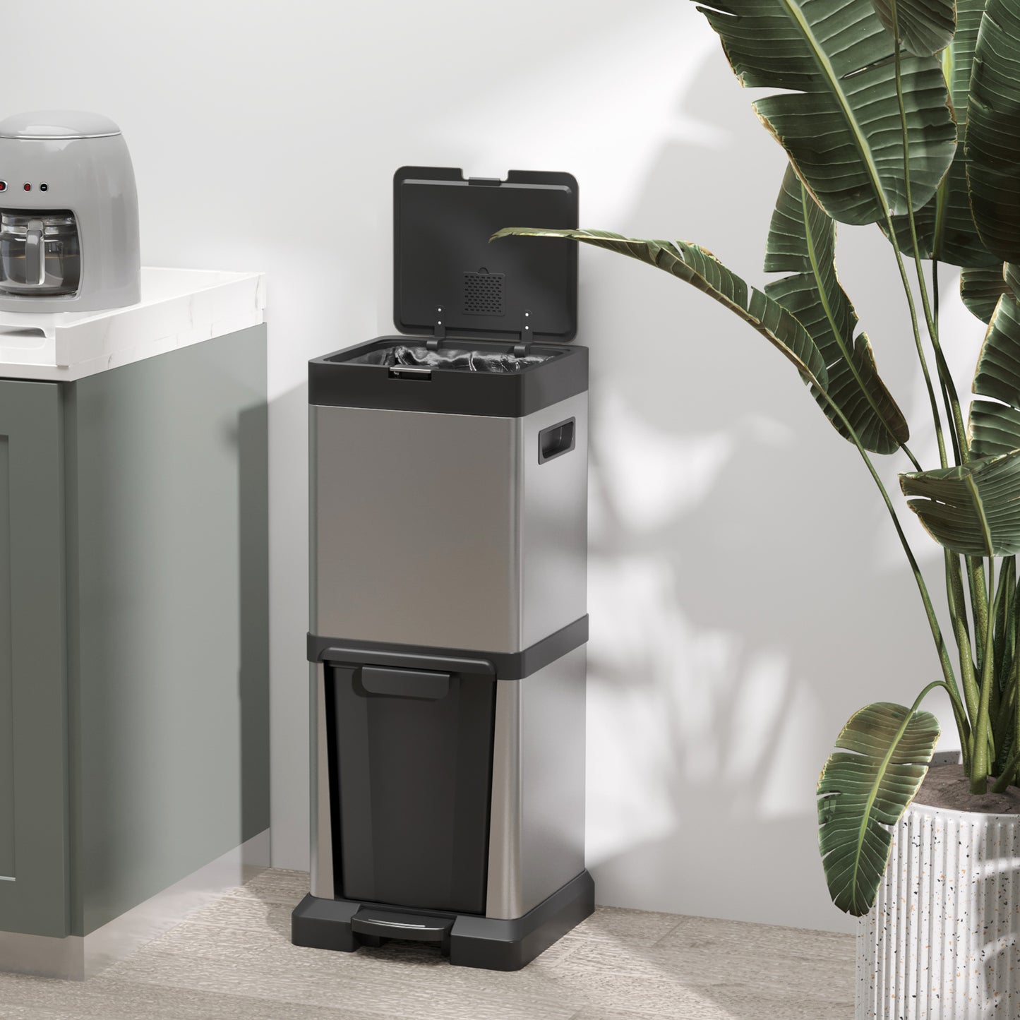 Dual Kitchen Bin, 20+14L Double Bin for Recycling and Waste, Stainless Steel Vertical Pedal Bin with Tilt Out Bin, Soft-Close Lid