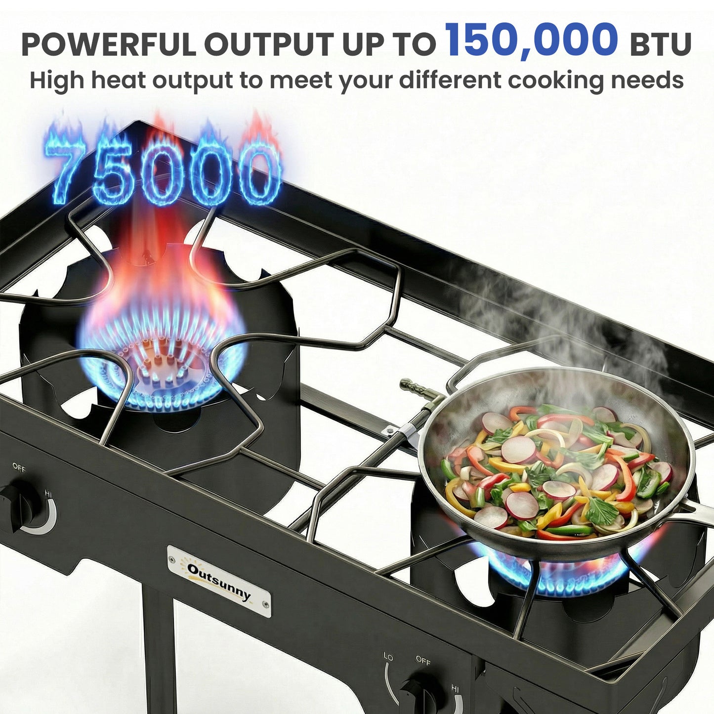 Outsunny Double Burner Camping Stove – 150,000 BTU High-Pressure Propane Gas Stove, Detachable Legs, Individual Heat Control, Regulator & Hose Included – Black
