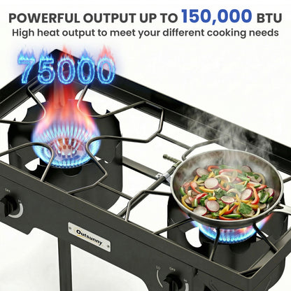 Outsunny Double Burner Camping Stove – 150,000 BTU High-Pressure Propane Gas Stove, Detachable Legs, Individual Heat Control, Regulator & Hose Included – Black