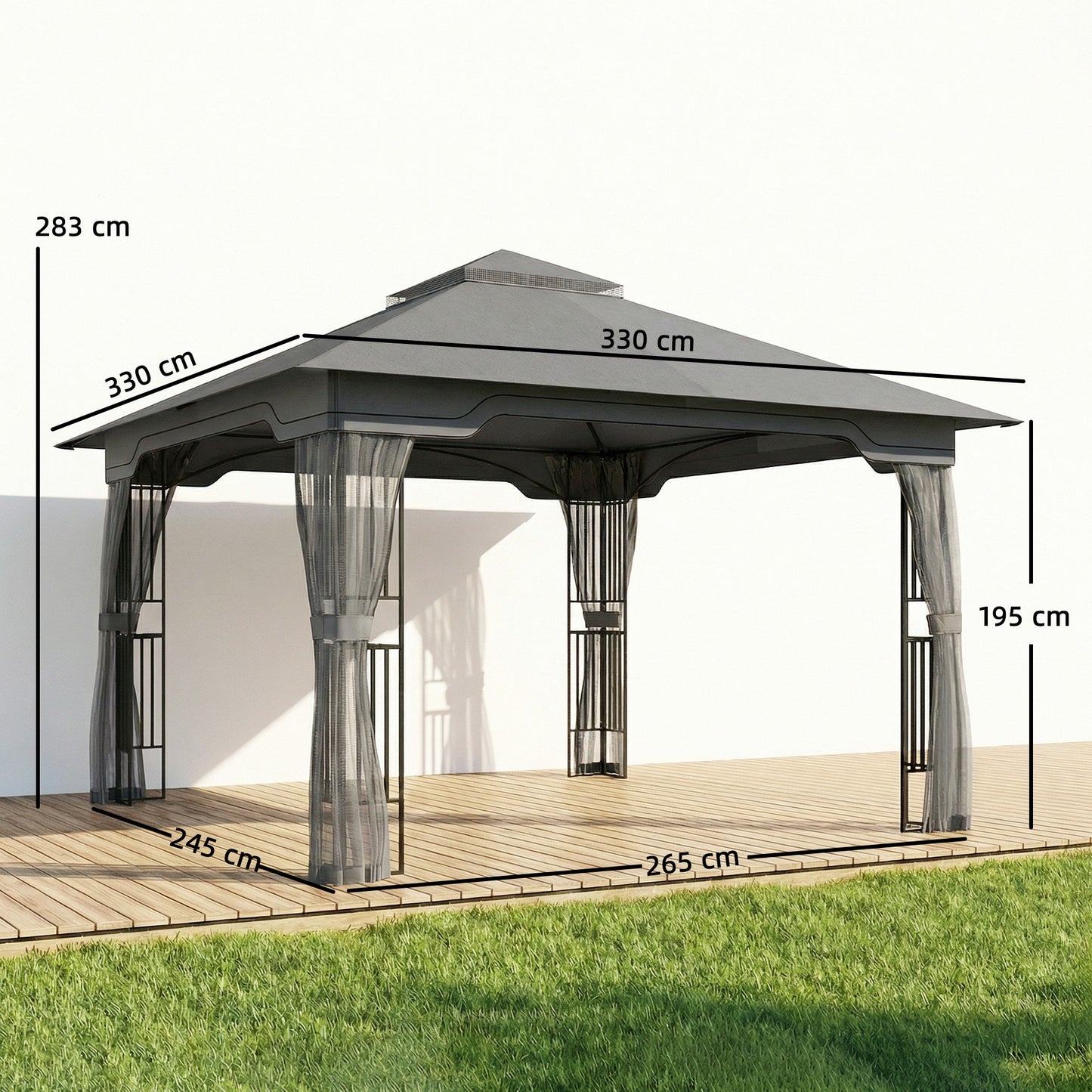 3.3x3.3m Garden Gazebo | Double-Tier UPF50+ Roof | 4 Mesh Panels | Triangular Powder-Coated Metal Frame | Corner Shelves | Roof Drainage Holes | Expansion Screws & Ground Stakes | Ceiling Hook | Dark Grey