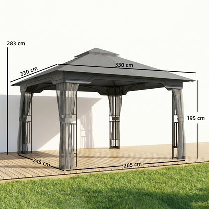 3.3x3.3m Garden Gazebo | Double-Tier UPF50+ Roof | 4 Mesh Panels | Triangular Powder-Coated Metal Frame | Corner Shelves | Roof Drainage Holes | Expansion Screws & Ground Stakes | Ceiling Hook | Dark Grey
