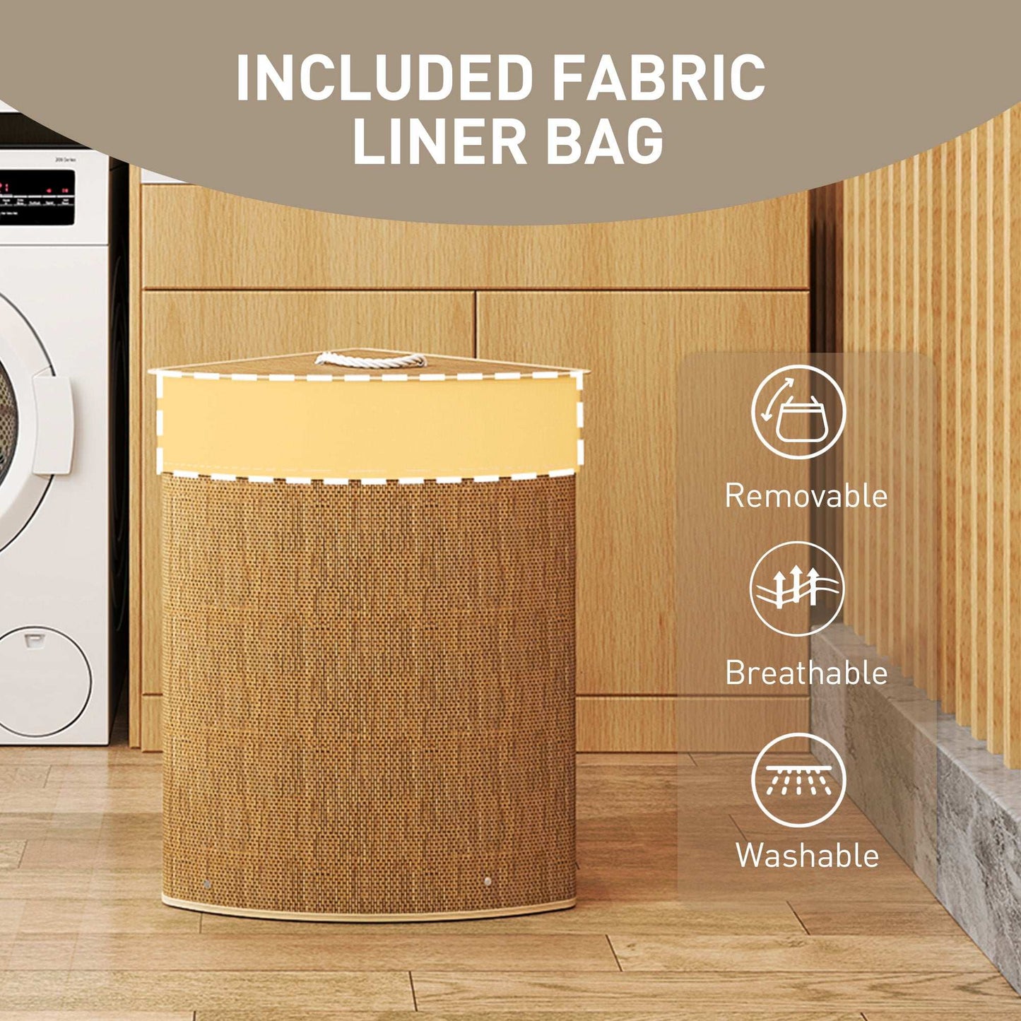Bamboo Bathroom Triangle Laundry Basket with Lid, 55L Corner Hamper with Removable Washable Liner Bag, 35 x 35 x 60 cm, Brown