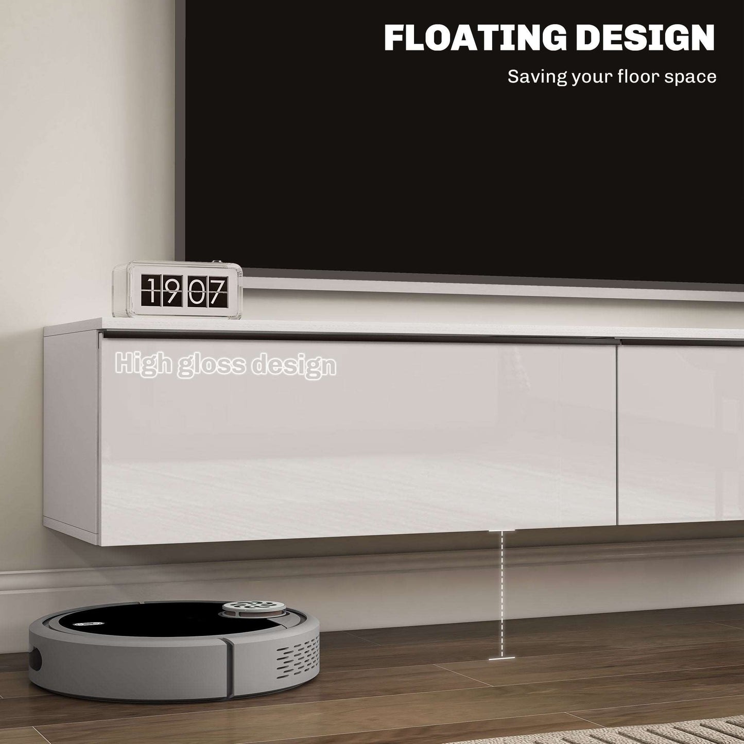 160cm High Gloss Floating TV Unit Stand for TVs up to 70", Wall Mounted TV Cabinet with Storage Cupboards, White