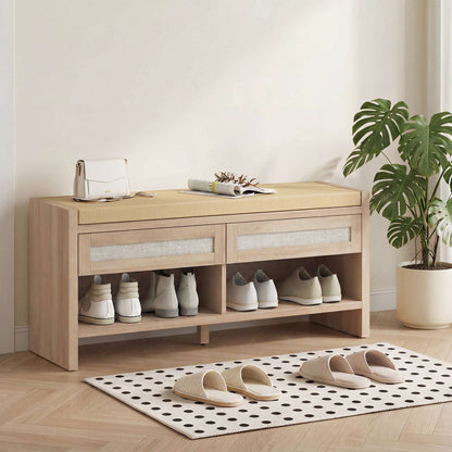Boho Hallway Shoe Bench | 2 PE Rattan Drawers | Open Shelf | 5cm Foam Padded Seat for 2 | MDF Frame | 180kg Capacity | 105x35x50cm | Oak Wood Effect
