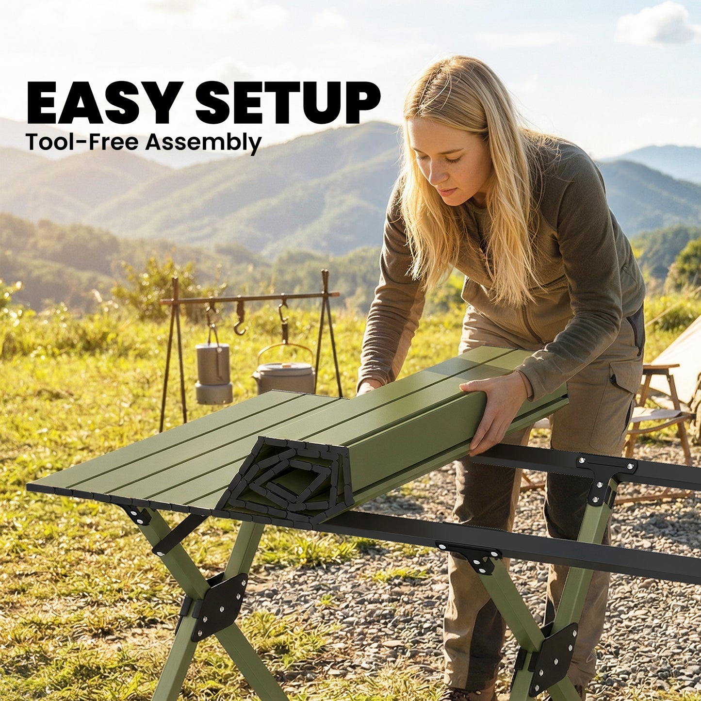 4ft Folding Camping Picnic Table | Roll Up Top | 116x59x43cm | Waterproof | All Metal Frame | 30kg | Green