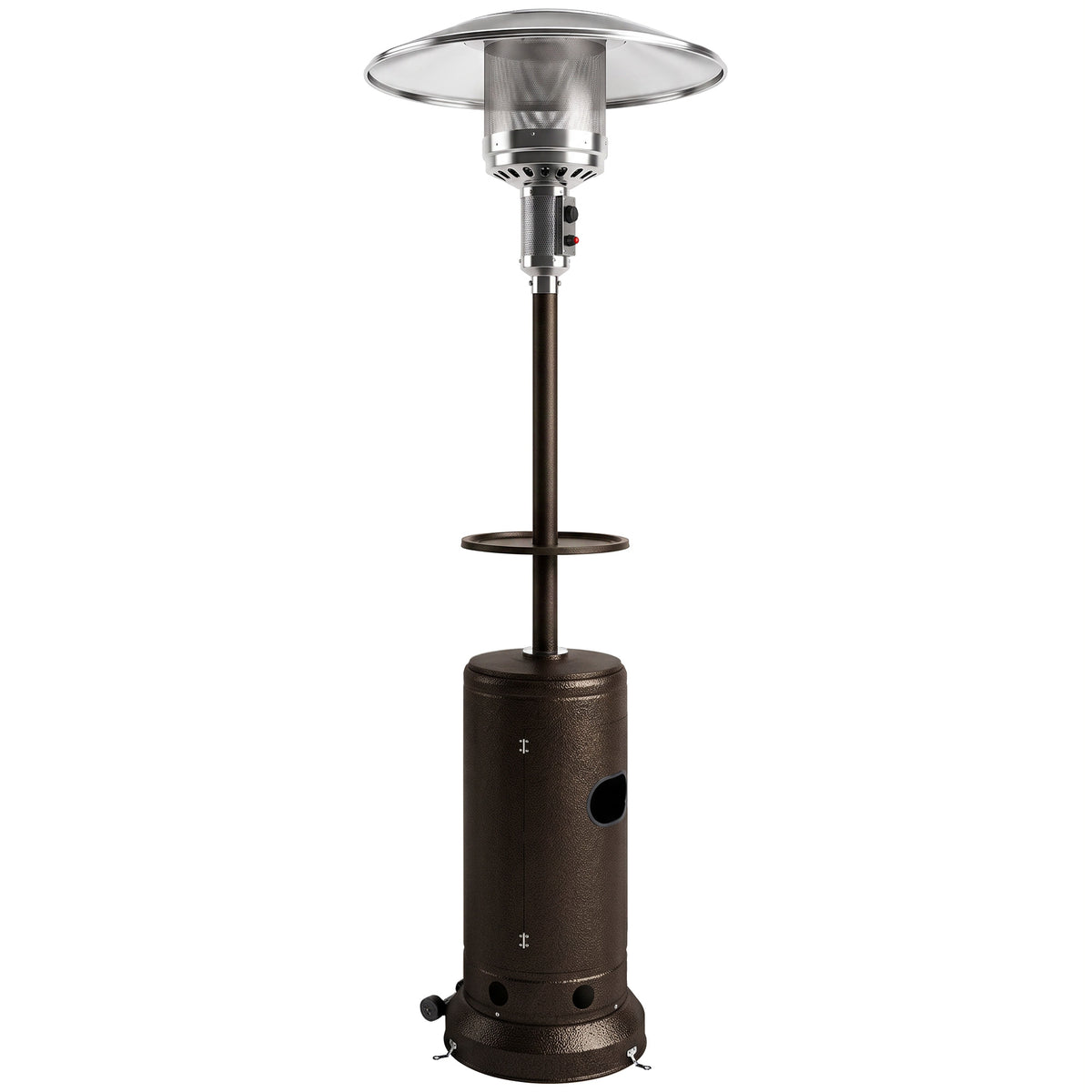 Outsunny Gas Patio Heater with Side Table | Brown Metal | 5-13kW Stepless | 30m² Coverage | Piezo Ignition | Tip-Over Protection | Propane Butane | 40cm Table | Tank Cabinet | 81x81x221cm