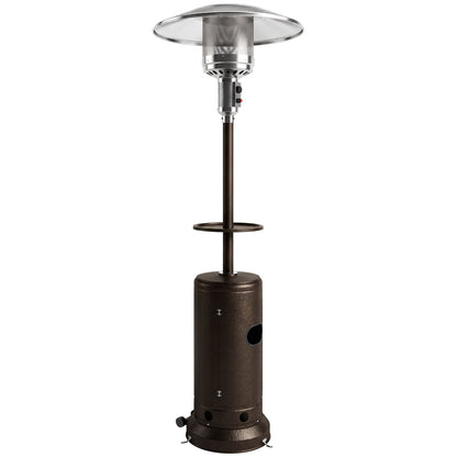 Outsunny Gas Patio Heater with Side Table | Brown Metal | 5-13kW Stepless | 30m² Coverage | Piezo Ignition | Tip-Over Protection | Propane Butane | 40cm Table | Tank Cabinet | 81x81x221cm