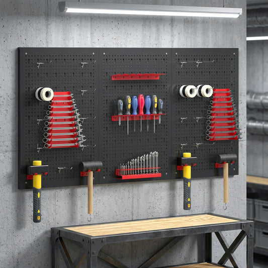 Wall-Mounted Steel Pegboard Tool Storage Set | 28pc | 3 Boards | 50kg | Black & Red | Garage & Workshop