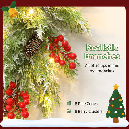 60 cm Prelit Christmas Wreath, Door Wreath with Realistic Branches, 30 Warm White LEDs, Timer, Battery Operated