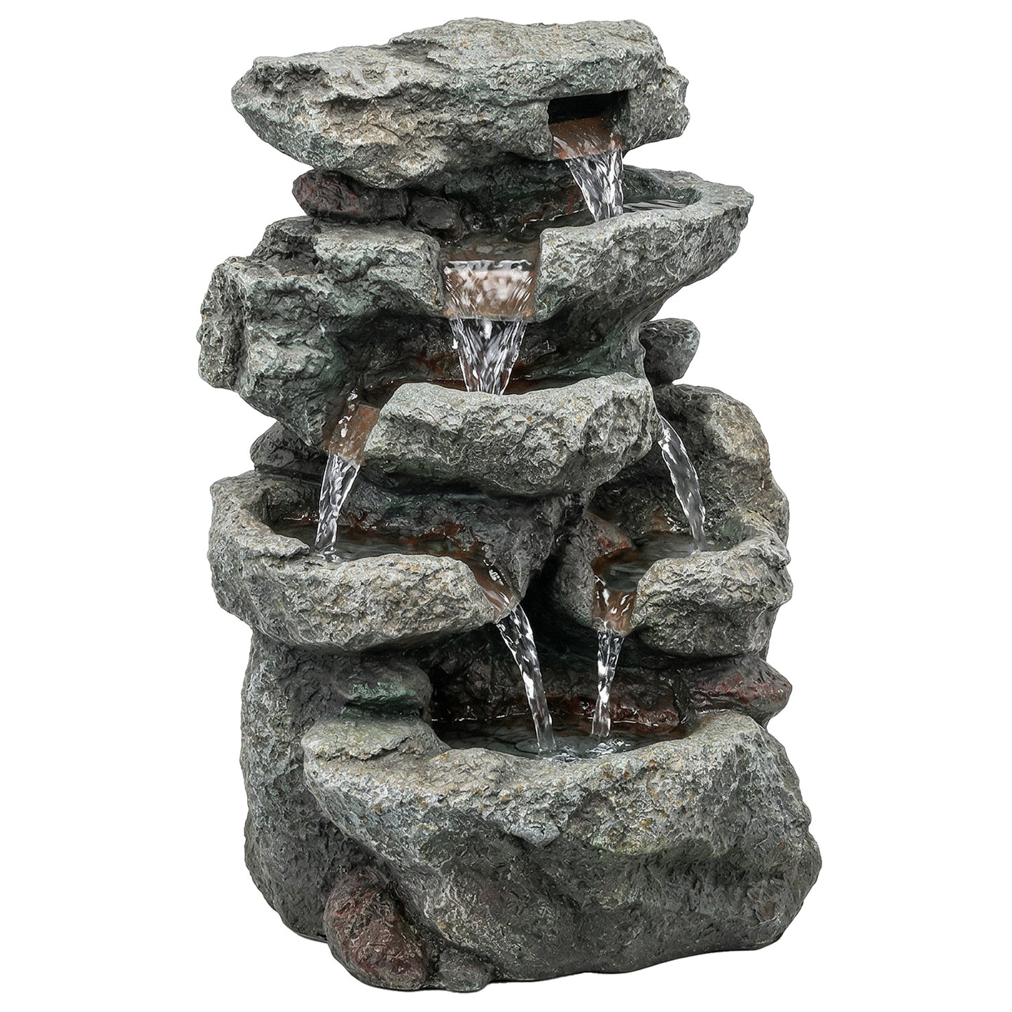 Compact 6-Tier Rock Design Garden Fountain | LED Lights | Adjustable Pump | Grey | 36.5cm