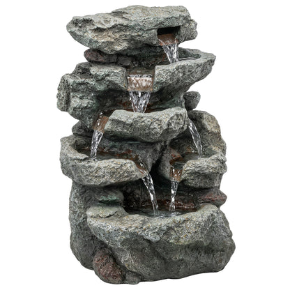 Compact 6-Tier Rock Design Garden Fountain | LED Lights | Adjustable Pump | Grey | 36.5cm
