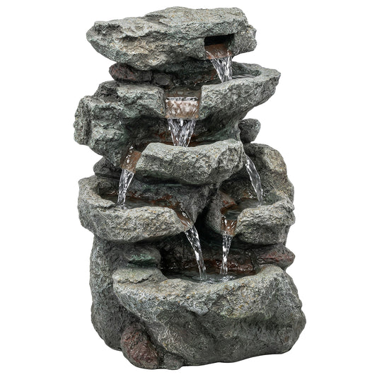 Compact 6-Tier Rock Design Garden Fountain | LED Lights | Adjustable Pump | Grey | 36.5cm