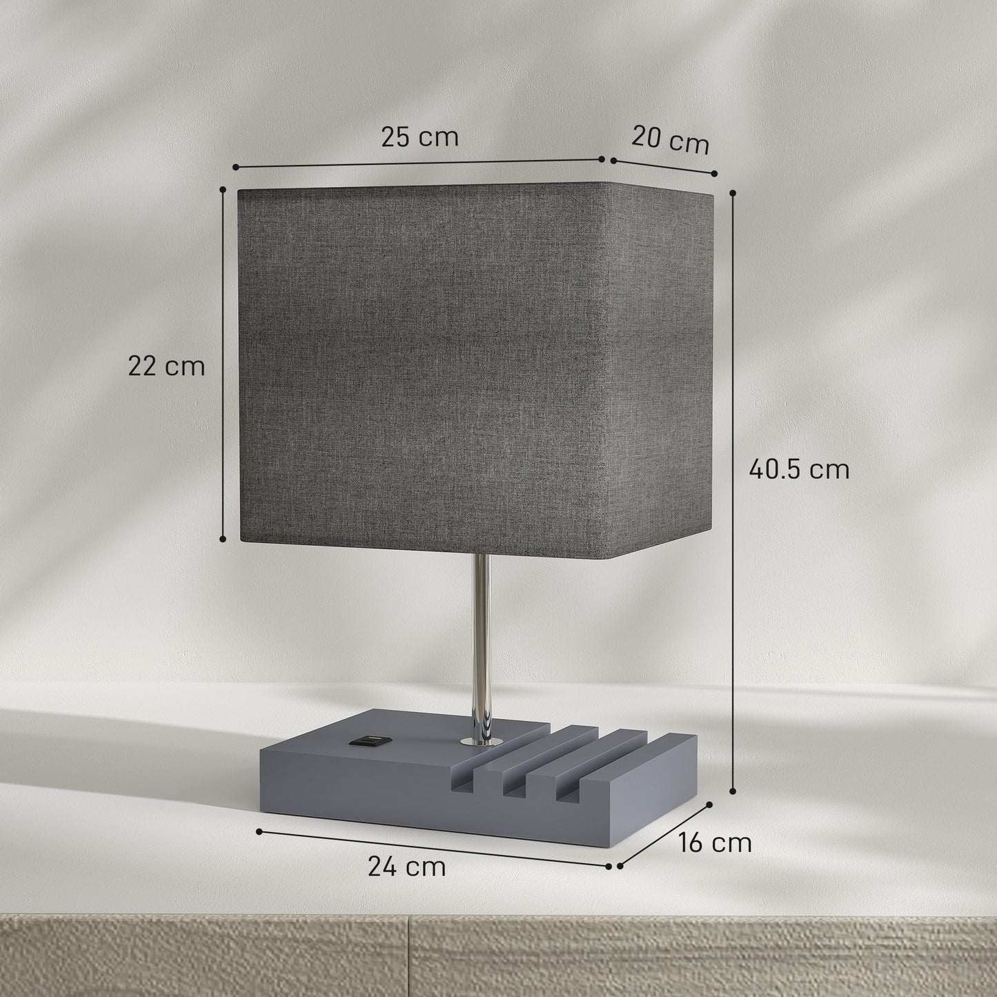Bedside Table Lamp with USB-A & USB-C Charging Ports | 3 Device Organiser Slots | Solid Wood Base | TC Fabric Shade | Rocker Switch | E27 Max 40W | 1.5m Cable | 25x20x40.5cm | Bulb Not Included | Grey