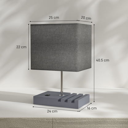 Bedside Table Lamp with USB-A & USB-C Charging Ports | 3 Device Organiser Slots | Solid Wood Base | TC Fabric Shade | Rocker Switch | E27 Max 40W | 1.5m Cable | 25x20x40.5cm | Bulb Not Included | Grey