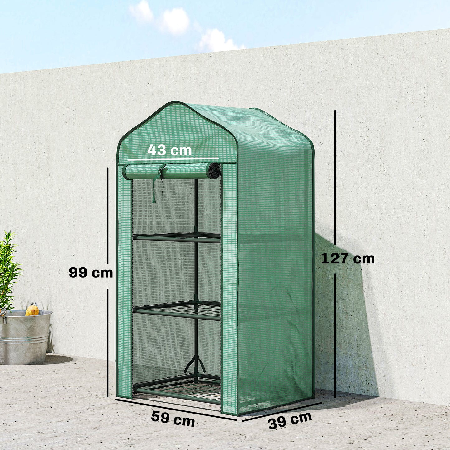 3-Tier Mini Greenhouse | Steel Frame | 140gsm PE Cover | Roll-Up Zip Door | 5kg Per Shelf | 59x39x127cm | Green