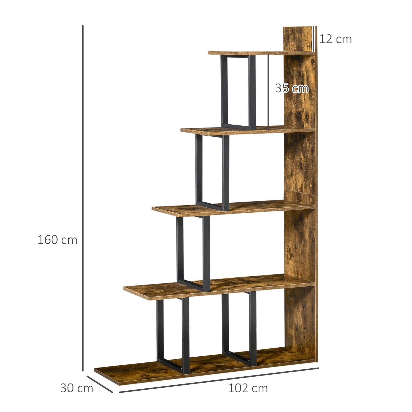 5-Tier Ladder Bookcase & Display Shelf | Anti-Tip | 80kg | Rustic Brown | 102x30x160cm
