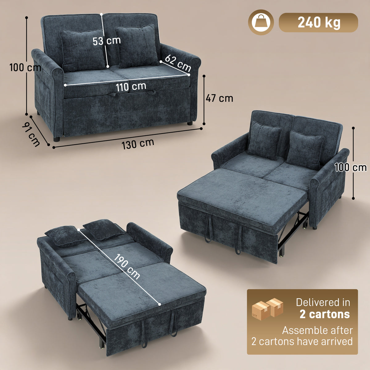 2 Seater Sofa Bed | Dark Blue Chenille Convertible Sleeper with 5-Position Backrest