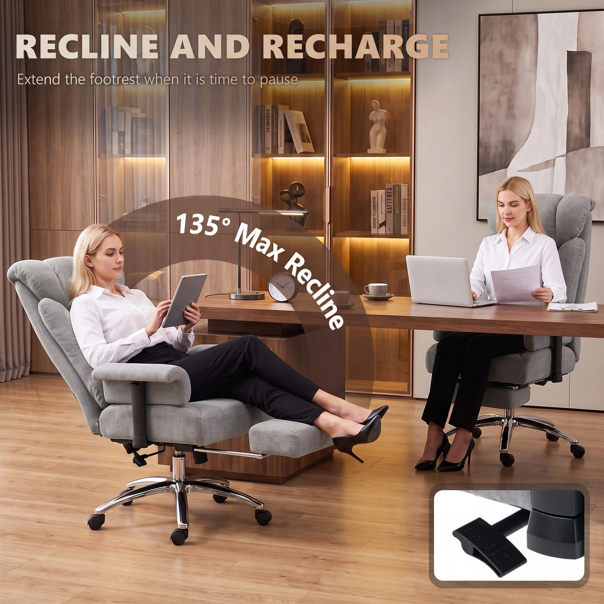 Big & Tall Massage Office Chair | 250kg Capacity, Lumbar Heat & 135° Recline | Adjustable Arms, Footrest & Linen-Look Fabric | Grey