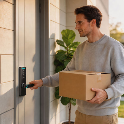 Smart Door Lock | 5-in-1 Entry: Fingerprint / Passcode / NFC Card / Tuya App / Key | Built-in Doorbell | Bluetooth 10m | ADC12 Alloy & Tempered Glass | Copper Cylinder | Door 3.5-6cm | Left & Right Hand | 7.1x19.3x13.4cm | Black
