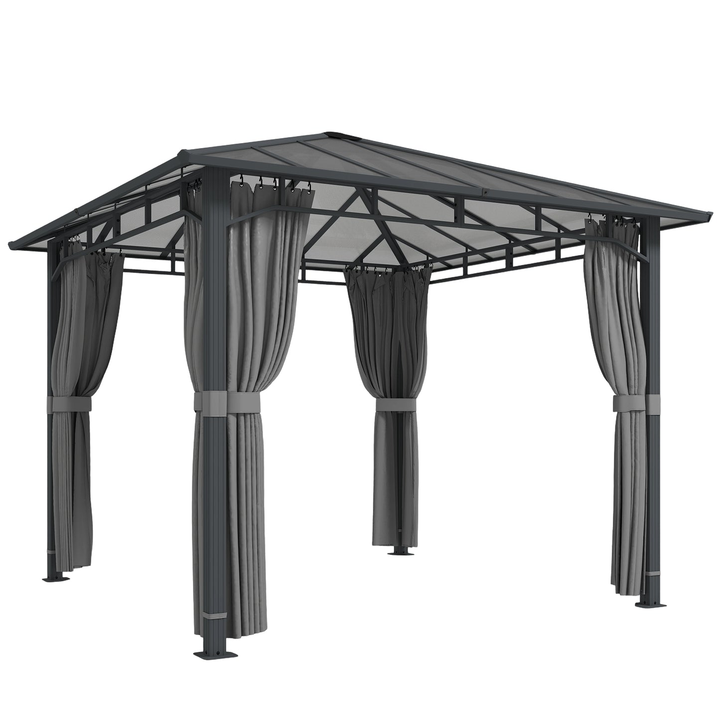 Outsunny 3 x 3 m Outdoor Hardtop Gazebo Canopy with PC Roof, Aluminium Permanent Pavilion Garden Gazebo with Curtains, Tan