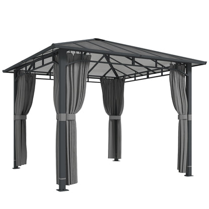 Outsunny 3 x 3 m Outdoor Hardtop Gazebo Canopy with PC Roof, Aluminium Permanent Pavilion Garden Gazebo with Curtains, Tan