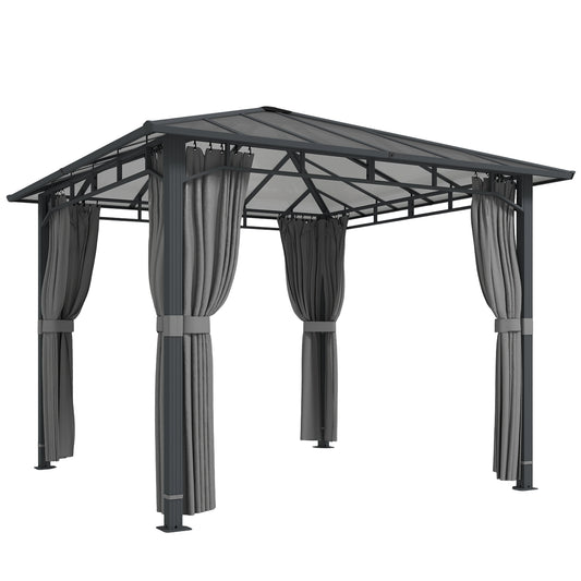 Outsunny 3 x 3 m Outdoor Hardtop Gazebo Canopy with PC Roof, Aluminium Permanent Pavilion Garden Gazebo with Curtains, Tan