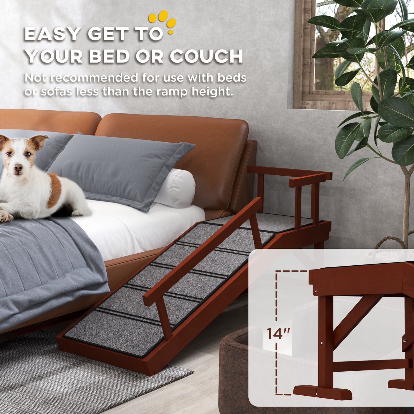 Wooden Dog & Cat Ramp | 3 Removable Guardrails | Non-Slip Carpet | 20° Gentle Slope | 125cm | 30kg | Brown