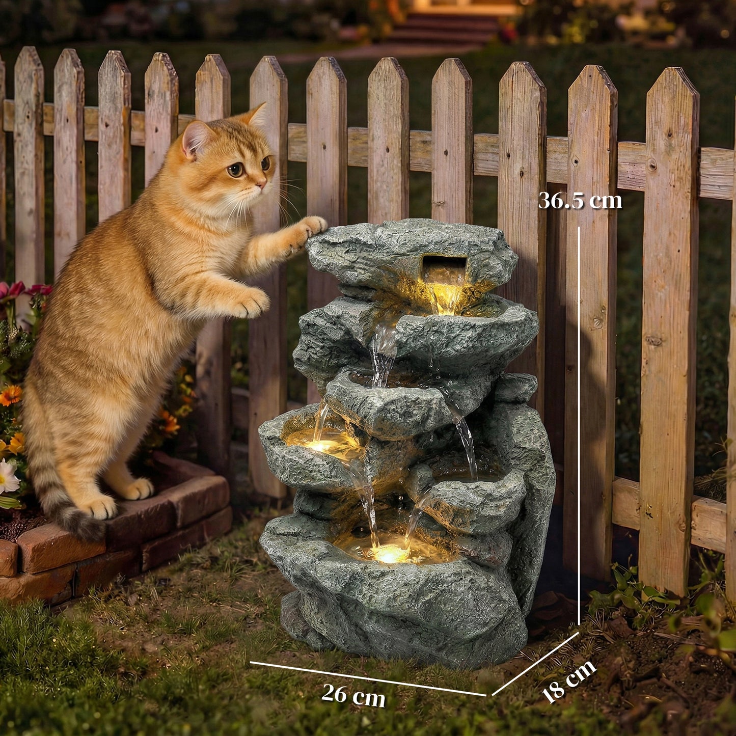 Compact 6-Tier Rock Design Garden Fountain | LED Lights | Adjustable Pump | Grey | 36.5cm