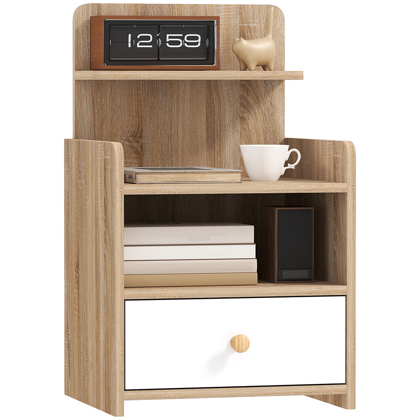 Multi-Storage Bedside Table - White/Wood-Effect