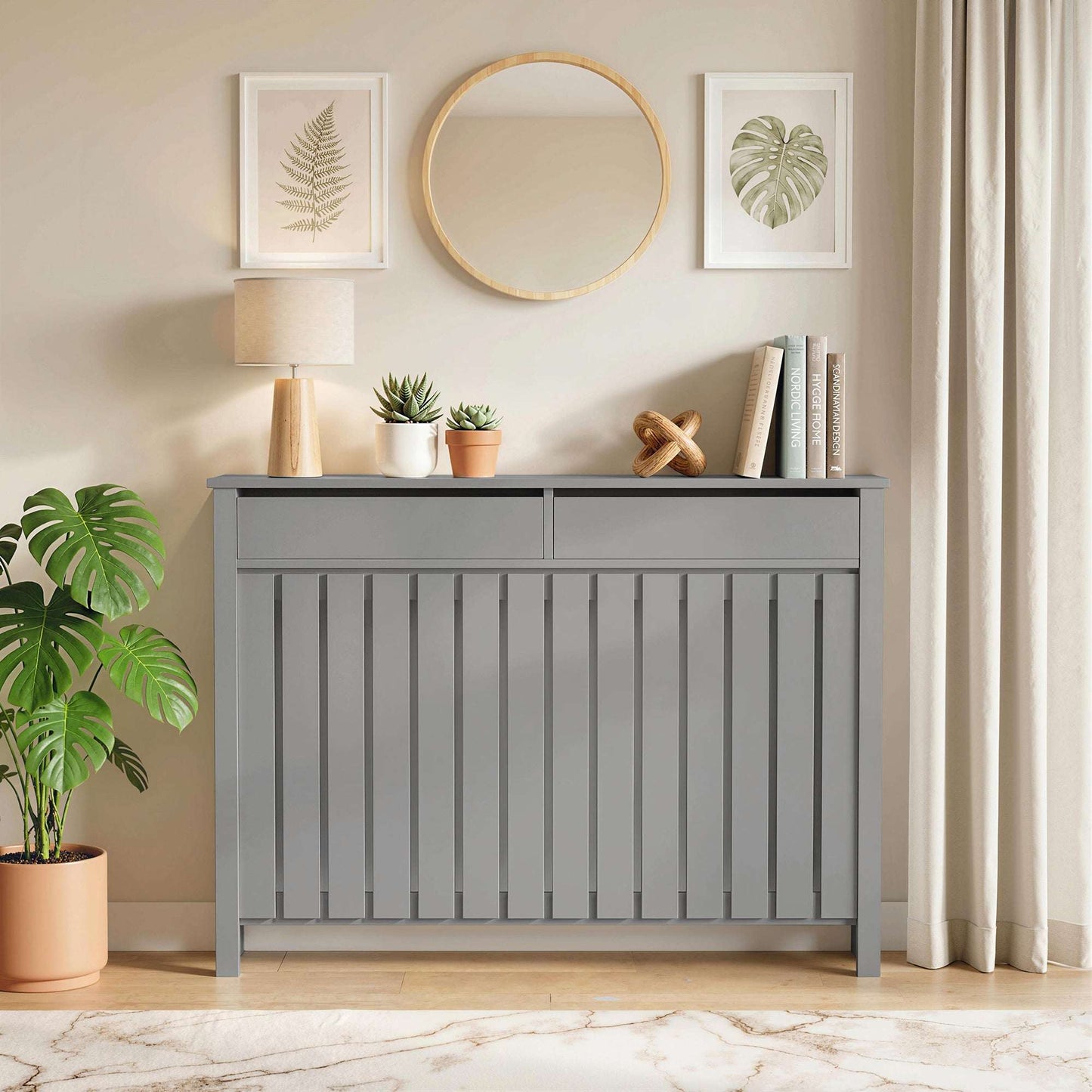 MDF & Particle Board Radiator Cover with 2 Drawers | Vertical Slats | Flat Top Display Surface | Wall Mountable | Pre-Cut Outs | 18kg Capacity | 119x19x93cm | Grey