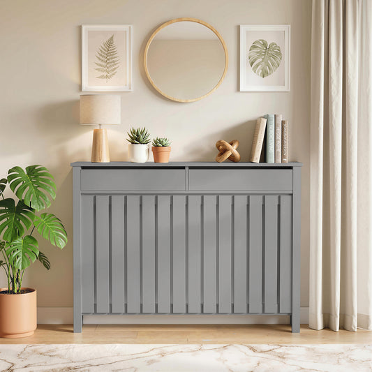 MDF & Particle Board Radiator Cover with 2 Drawers | Vertical Slats | Flat Top Display Surface | Wall Mountable | Pre-Cut Outs | 18kg Capacity | 119x19x93cm | Grey
